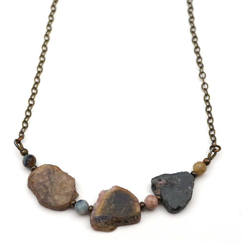 Tourmaline necklace with multicolor faceted sapphire beads and brass chain 19 12 inches long