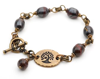 Tree bracelet, tiger iron semiprecious stone beads, brass and earth tones, fits 6 1/4 inch wrist, 7 1/2 inches long