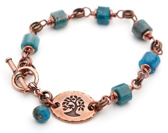 Copper tree bracelet, teal apatite semiprecious stone beads, fits 6 1/2 inch wrist, 7 3/4 inches long