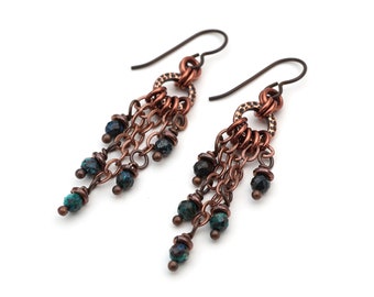 Cascading chrysocolla earrings, long dangling stone beads with copper chain, French hooks, 2 inches long