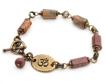 Red creek jasper om bracelet, multicolor semiprecious stone beads, brass tones, fits 6 3/4 inch wrist, 8 1/4 inches long