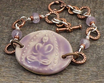 Lavender Buddha bracelet, mixed metal copper and silver, amethyst, 7 1/4 inches