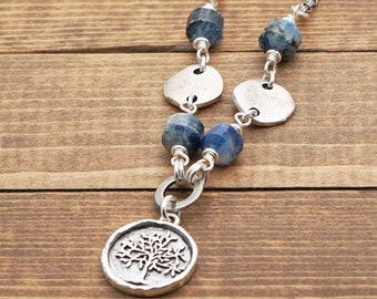 Blue and silver tree necklace with kyanite stone beads and silvertone chain, 21 1/4 inches long