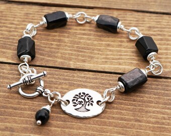 Black stone tree bracelet, hypersthene semiprecious stone beads, fits 6 1/2 inch wrist, 8 inches long