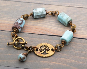 Light blue larimar tree bracelet, semiprecious stone beads, brass tones, fits 5 3/4 inch wrist, 7 inches long