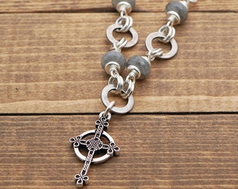 Celtic cross necklace with labradorite beads and silver tone chain, 19 1/2 inches long