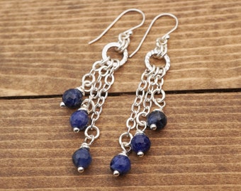 Silver and blue earrings, semiprecious stone sodalite beads, silver French hooks, chain and dangle, 2 5/8 inches long