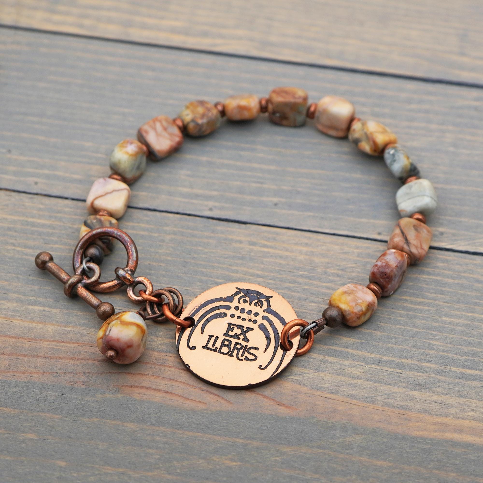 Owl bracelet, flat round copper engraving, pastel earth tones jewelry, Ex Libris bookplate, 7 3/4 in