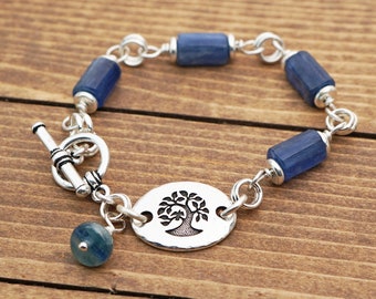 Silver tree bracelet, blue kyanite semiprecious stone beads, fits 5 3/4 inch wrist, 6 3/4 inches long