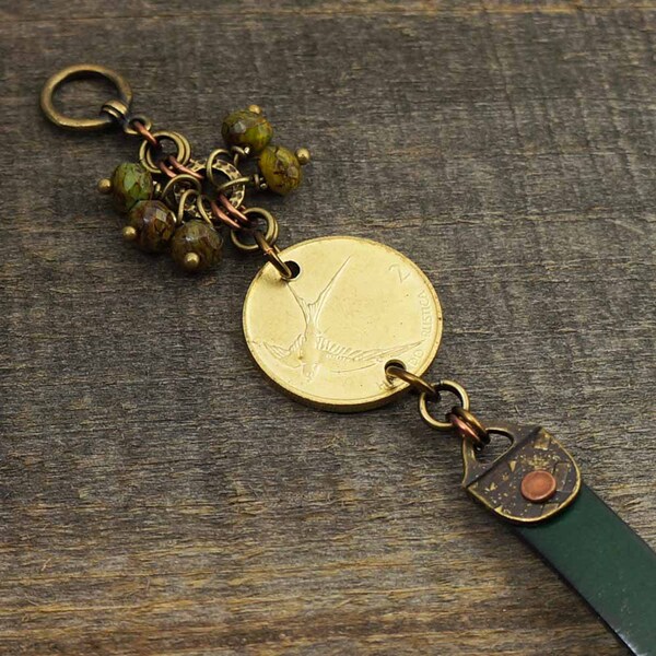 Green bird bracelet, brass copper mixed metal, Slovenian 2 euro coin, Czech glass beads, leather, 7 1/2 inches