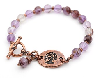 Purple tree bracelet, cacoxenite amethyst semiprecious stone beads, copper, fits 6 1/4 inch wrist, 7 1/2 inches long