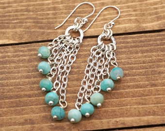 Light blue amazonite earrings, cascading dangle, semiprecious stone beads, silver French hooks, chain and dangle, 2 1/2 inches long