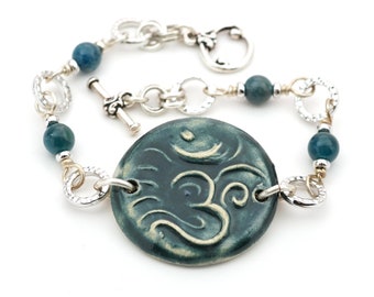 Blue om bracelet, apatite beads, silver, yoga jewelry, 7 1/2 inches long, fits 6 1/4 inch wrist