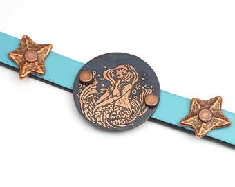 Mermaid cuff bracelet, copper and light blue leather, starfish accents, 7 3/4 inches long