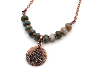 Green tree branches necklace with moss agate beads and copper chain, fall jewelry, 19 3/4 inches long
