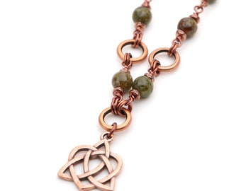 Celtic heart necklace with green garnet beads and copper tone chain, 21 1/2 inches long