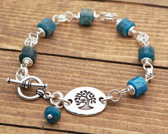 Blue and silver tree bracelet, apatite semiprecious stone beads, fits 6 1/2 inch wrist, 8 inches long