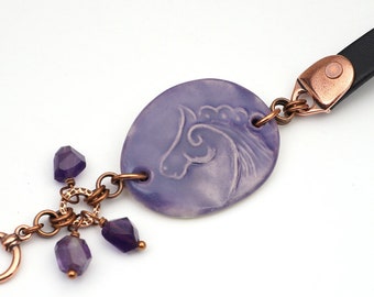 Horse bracelet leather, ceramic and copper, purple amethyst beads, 8 inches long
