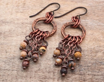 Chain earrings, Venus jasper pastel earth tone stone beads with copper, French hooks, 2 3/8 inches long