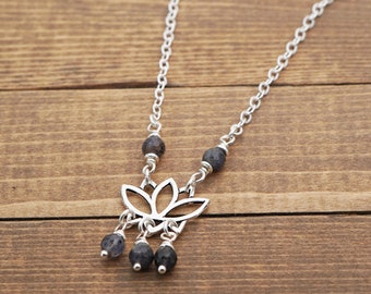 Silver lotus flower necklace with blueish purple iolite beads, silver tone chain, 19 3/4 inches long