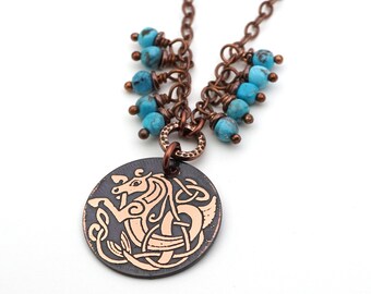 Celtic seahorse necklace with light blue turquoise beads, simple jewelry, etched copper, Celt knotwork, 20 1/2" long