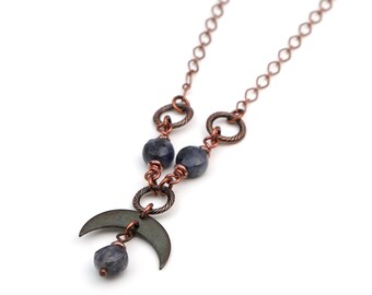 Dainty crescent moon necklace, chain, blue purple faceted iolite stone beads and copper tones, 20 1/4 inches long