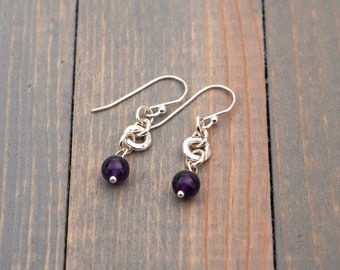 Sterling silver and amethyst earrings, dark purple stone beads, sterling French hooks, 1 1/4 inches long