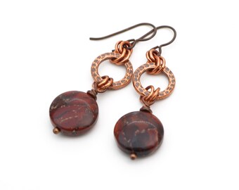 Red brecciated jasper earrings, Niobium French hooks, hammered texture rings, Boho copper jewelry, 2 inches long