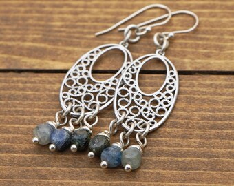 Kyanite chandelier earrings, oval silver dangle with faceted cube stone beads, spiral designs, 2 3/8 inches long