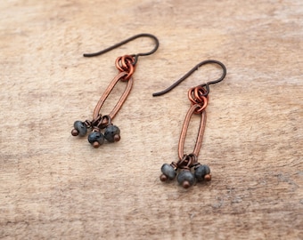 Copper long link earrings, Norwegian moonstone beads, dangle, 1 5/8 inches long