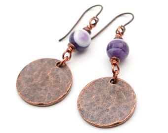 Copper hammered style charm earrings, purple amethyst beads, disk shape dangle, 2 inches long