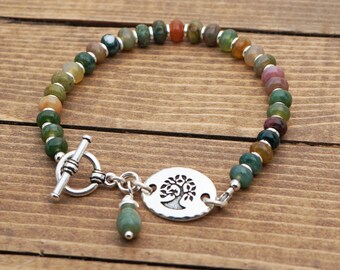 Tree bracelet, fancy agate semiprecious stone green brown beads, silver tone, 8 1/4 inches long, fits 6 3/4 inch wrist