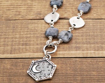 Moon necklace with grey and black stone beads, reversible sun pendant, Norwegian moonstone and silver tone chain, 20 1/2 inches long