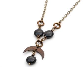 Dainty crescent moon necklace, chain, black hypersthene stone beads and brass tones, 19 inches long