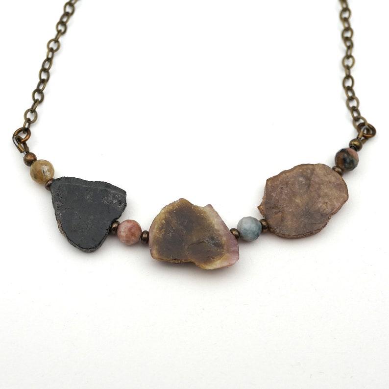 Tourmaline necklace with multicolor faceted sapphire beads and brass chain 19 12 inches long