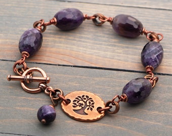 Purple and copper tree bracelet, chevron amethyst semiprecious stone beads, fits 6 3/4 inch wrist, 8 1/2 inches long