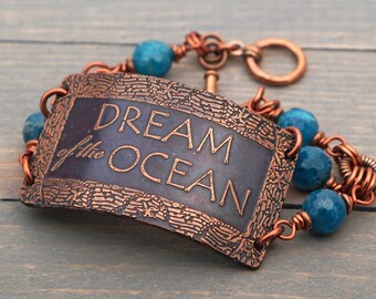 Dream of the Ocean bracelet, blue apatite beads and etched copper, two strand, phrase jewelry, 7 1/4 inches long, fits 6 1/4 inch wrist