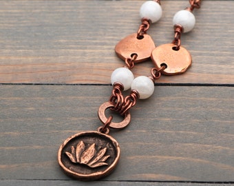 Copper lotus flower necklace with white moonstone beads and chain, semiprecious stone, 18 1/2 inches long