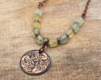 Copper Celtic dogs necklace with light green prehnite beads, etched metal hounds, 21 inches long