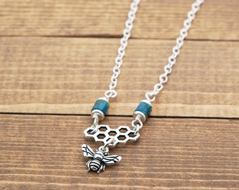 Dainty bee necklace with blue apatite beads, honeycomb, silver tone chain, 18 1/2 inches long