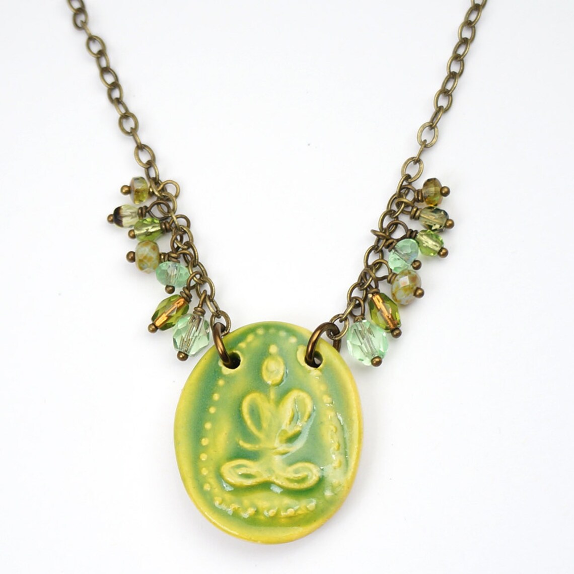 Light green Buddha necklace antiqued brass chain ceramic 18 Etsy