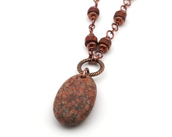 Michigan beachstone necklace, copper chain, semiprecious red creek jasper beads, 21 1/2 inches long