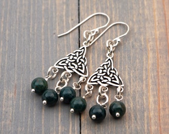 Green stone and sterling triangular Celtic knot chandelier earrings, long dangle with bloodstone beads, 2 1/8 inches long