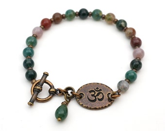 Brass Zen bracelet, multicolor fancy jasper Tibetan om jewelry, green semiprecious stone, fits 6" wrist, 7 1/4 inches long