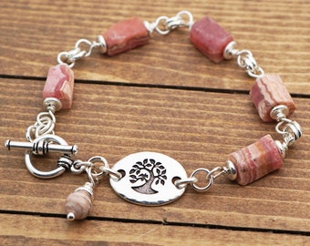 Pink stone tree bracelet, rhodochrosite semiprecious stone beads, fits 6 1/2 inch wrist, 8 inches long