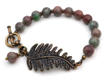 Fern leaf bracelet, red and green Kashmir garnet semiprecious stone beads, brass, 7 1/2 inches long, fits 6 1/4 inch wrist