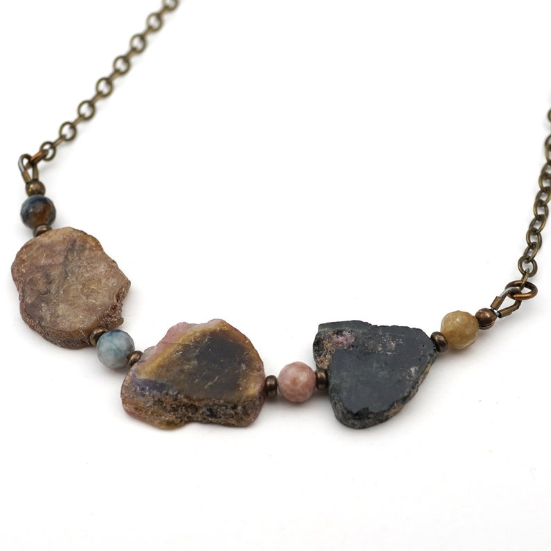 Tourmaline necklace with multicolor faceted sapphire beads and brass chain 19 12 inches long