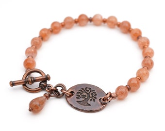 Sunstone tree bracelet, semiprecious stone beads, warm golden orange copper earthtones, 7 3/4 inches, fits 6 1/2" wrist