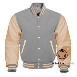 Men Varsity Letterman Grey wool Cream Leather Sleeves Bomber Jacket Baseball Wool Customised Jacket