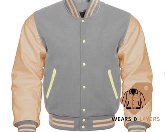Men's Grey Wool Varsity Jacket: Cream Leather Sleeves